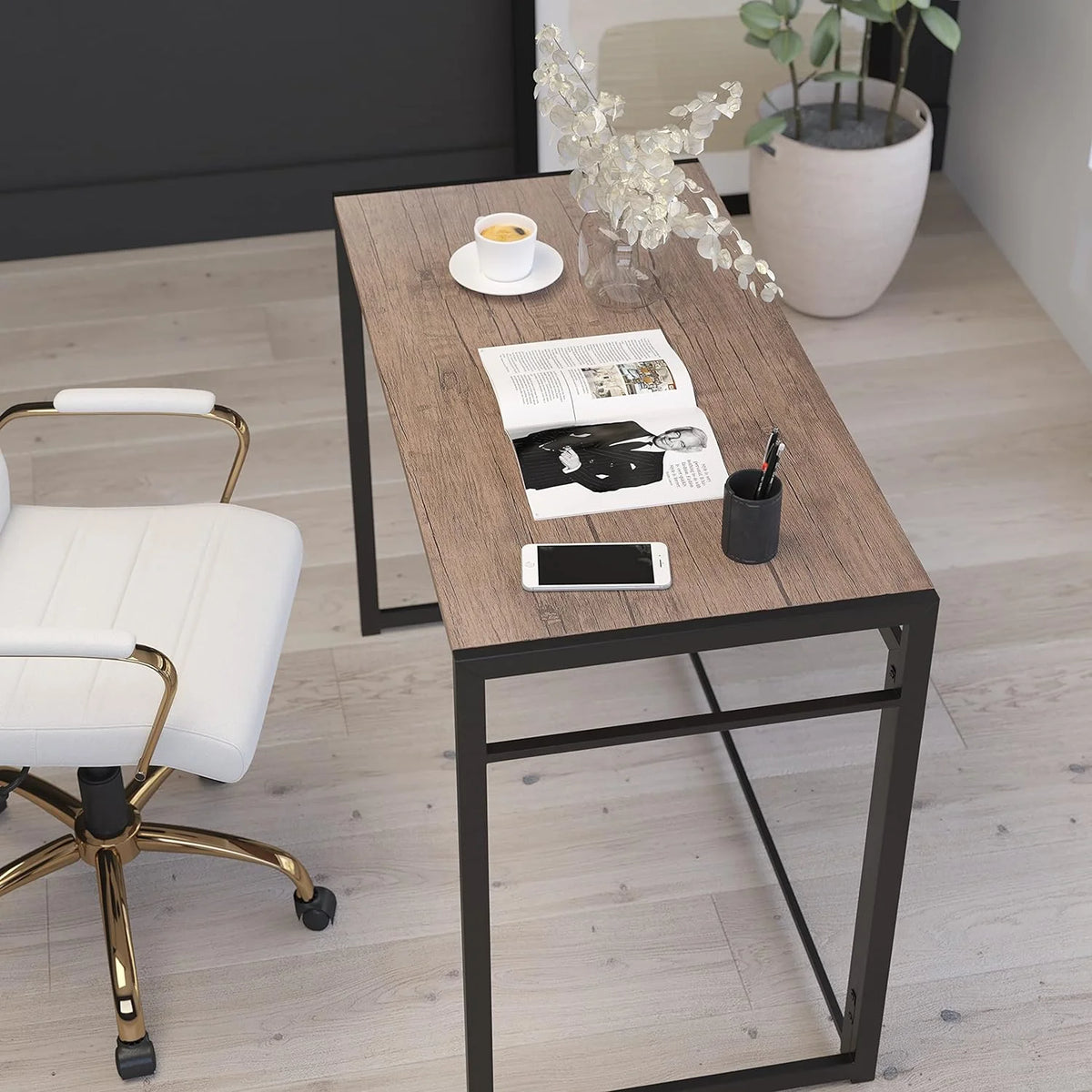 Folding Computer Desk with Rustic Wood Grain Finish and Metal Frame X492348