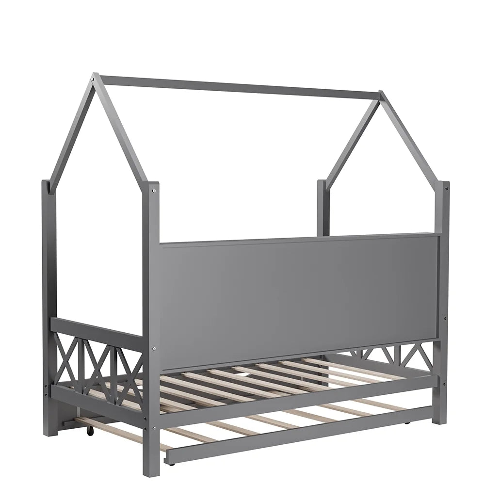 Twin House Bed with Trundle and Storage Shelve V199