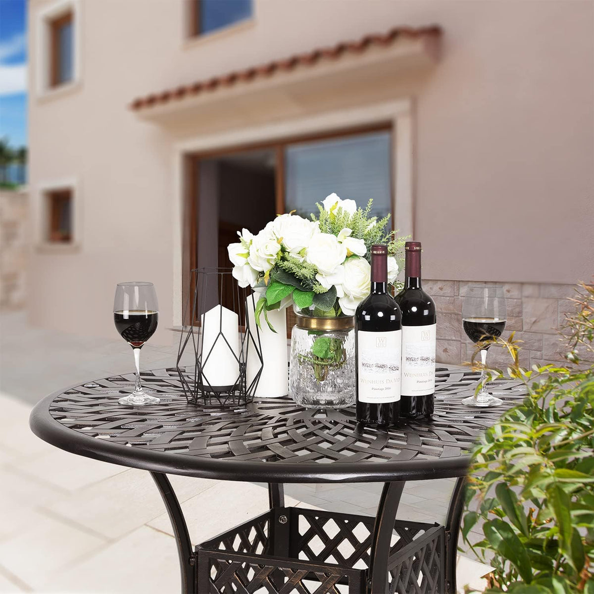 Black 42 Inch Round Cast Aluminum Patio Dining Table with Umbrella Hole G60086