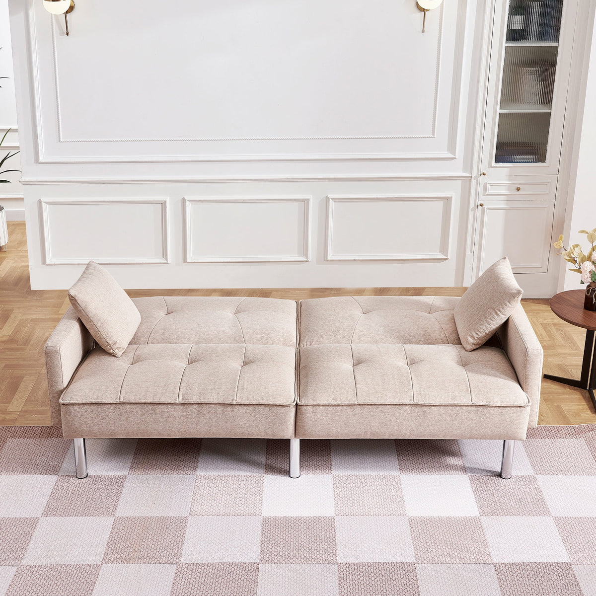 Beige Velvet Tufted Convertible Sofa Sleeper K3345