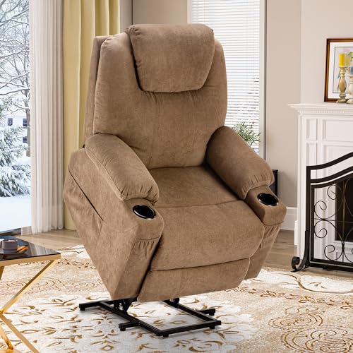 Light Brown Fabric Power Lift Recliner Chair with Heat and Massage A73928