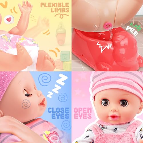 14 Inch Doll Playset with Carrier Bassinet Bed, Feeding Set, Doll Clothes D7715