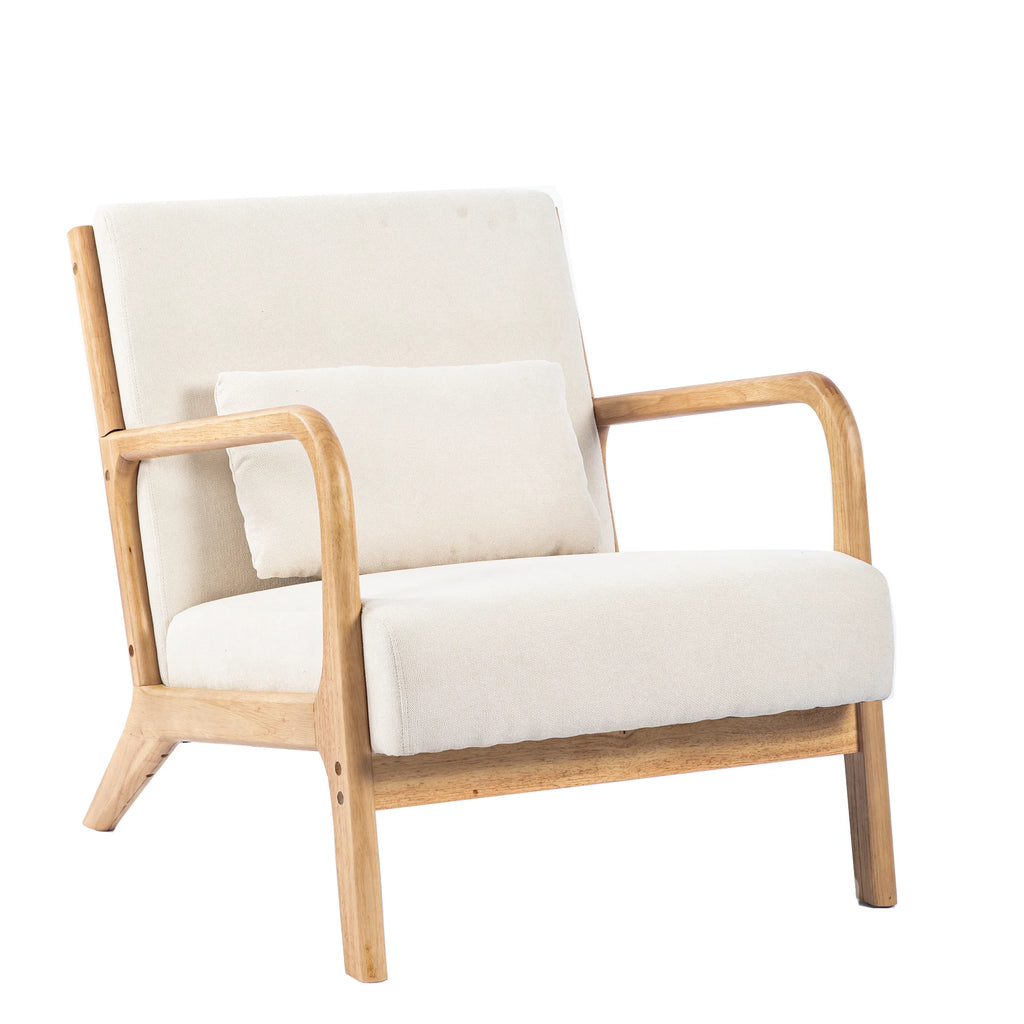 Beige Linen Upholstered Accent Armchair with Solid Wood Frame and Pillow H518