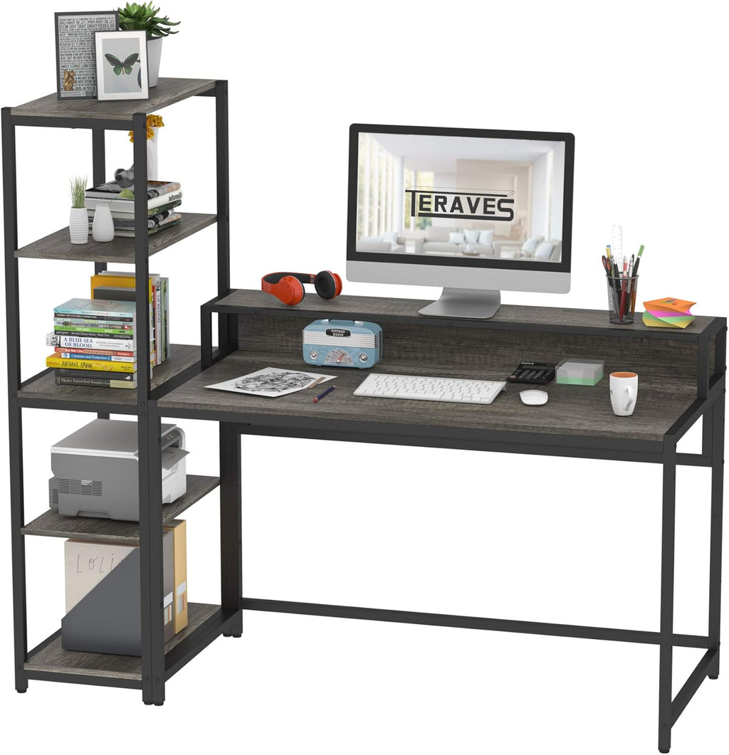White Gold Frame 47 Inch Computer Desk with 5 Tier Shelves U577022