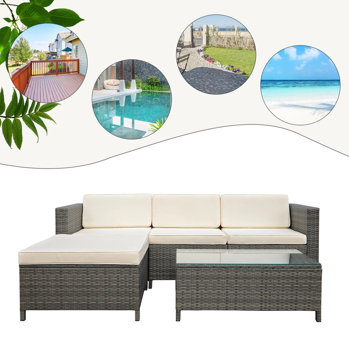 5 Piece Grey PE Rattan Wicker Patio Sofa Set with Glass Coffee Table D18488