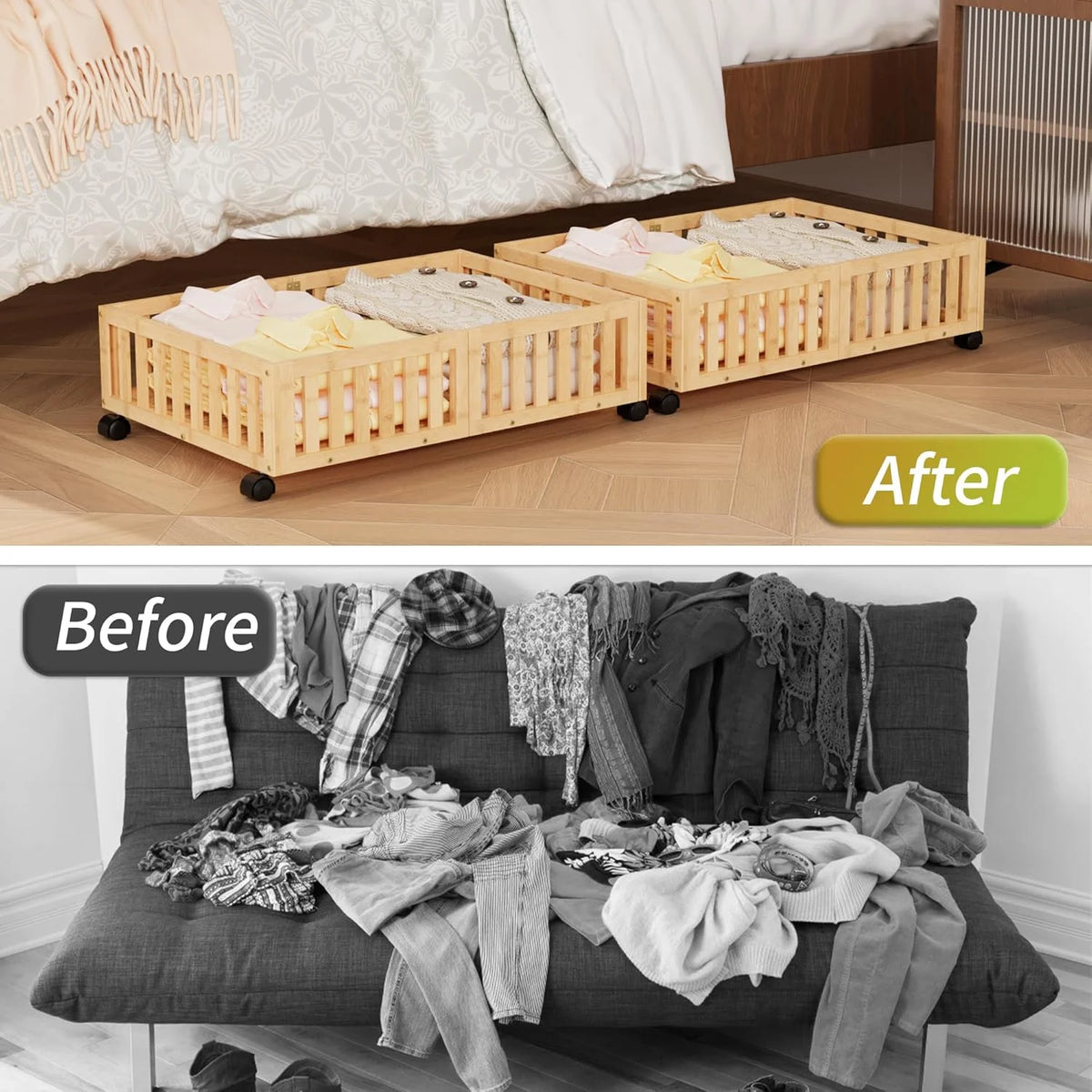 Bamboo Under Bed Storage with Wheels (2-Pack) Rolling Shoe Organizer Box G84870