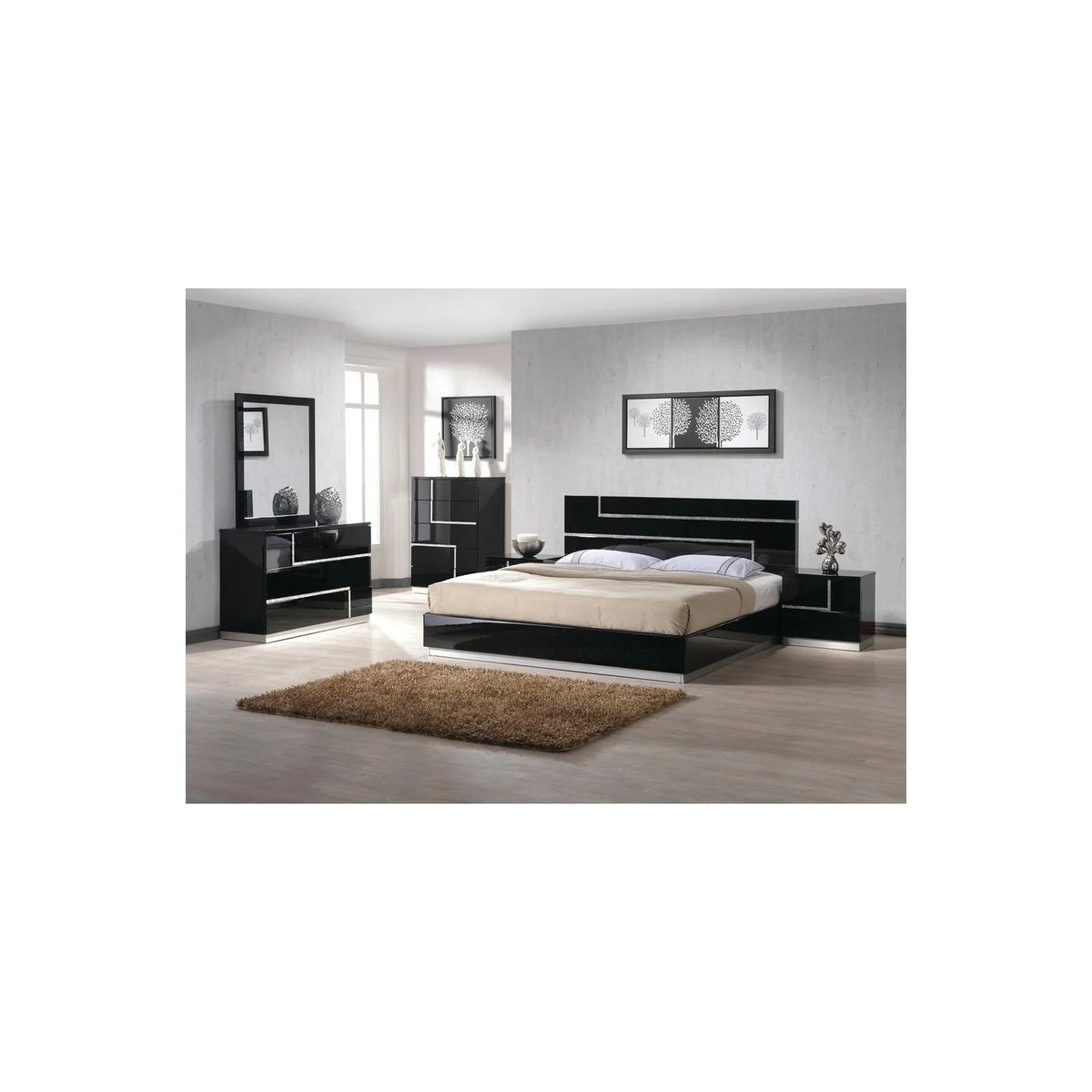 Black High Gloss 5-Piece Wood Queen Bedroom Set F986
