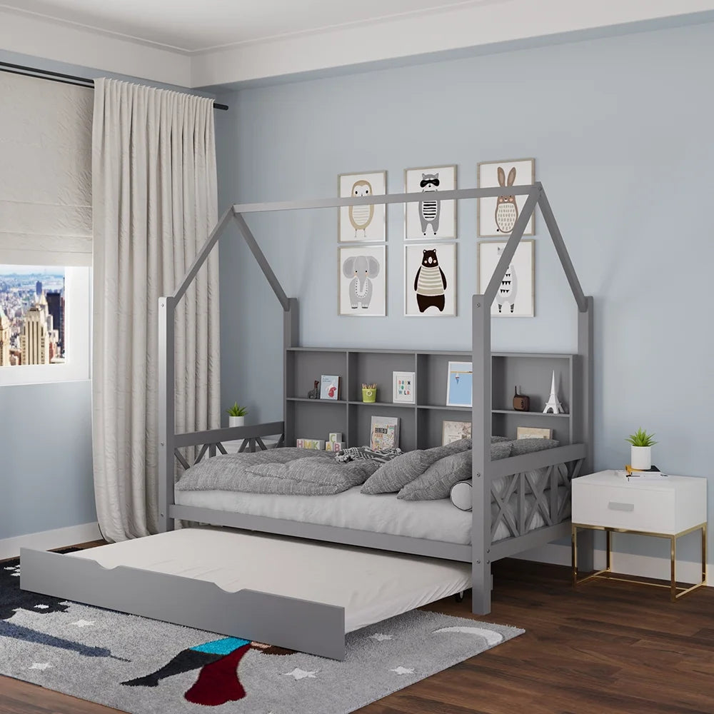 Twin House Bed with Trundle and Storage Shelve I340