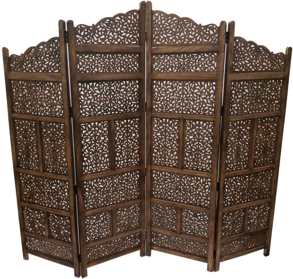 Hand Carved Foldable 4-Panel Wooden Room Divider L1342