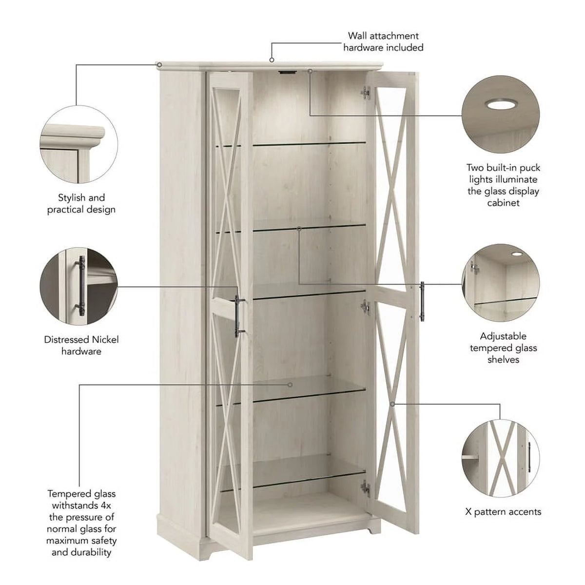 Linen White Oak Curio Cabinet with Glass Doors A238012