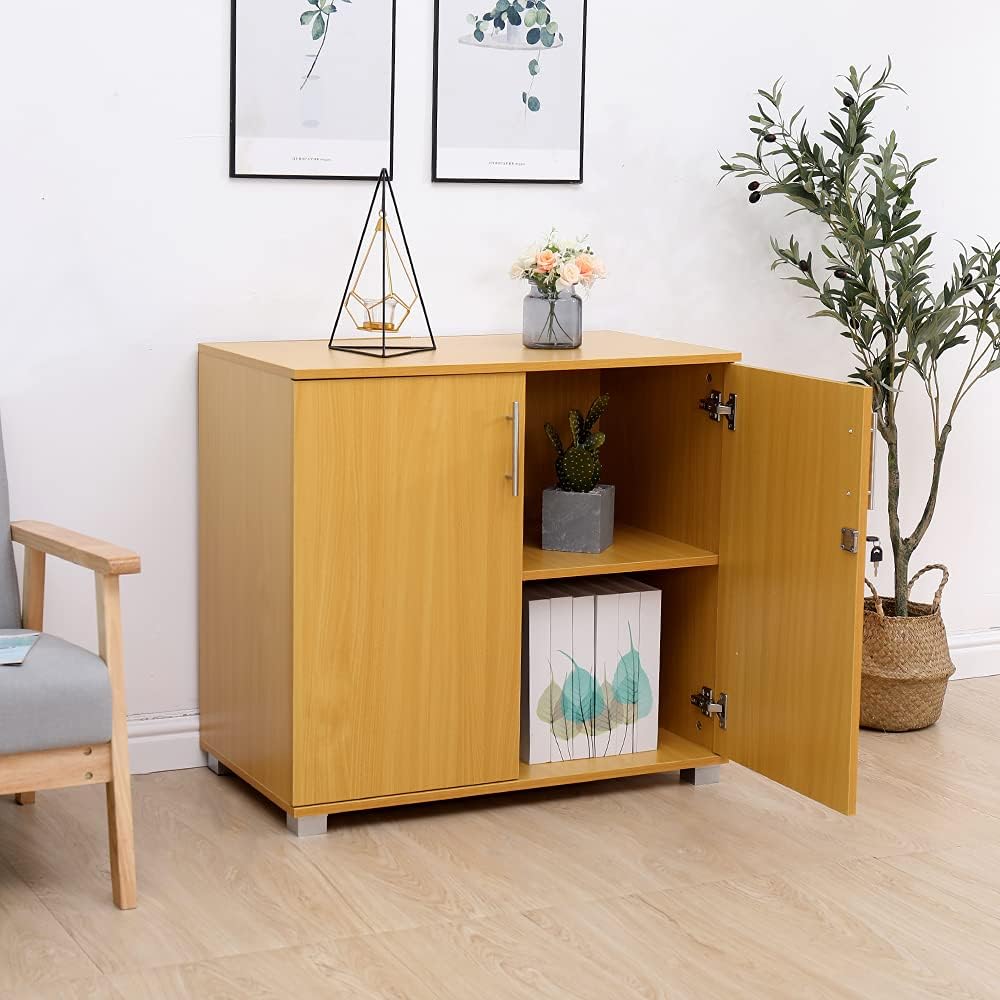 Beech Storage Cabinet 2 Door Locking Cupboard Bookcase Desktop Height 28.9 Tall E980