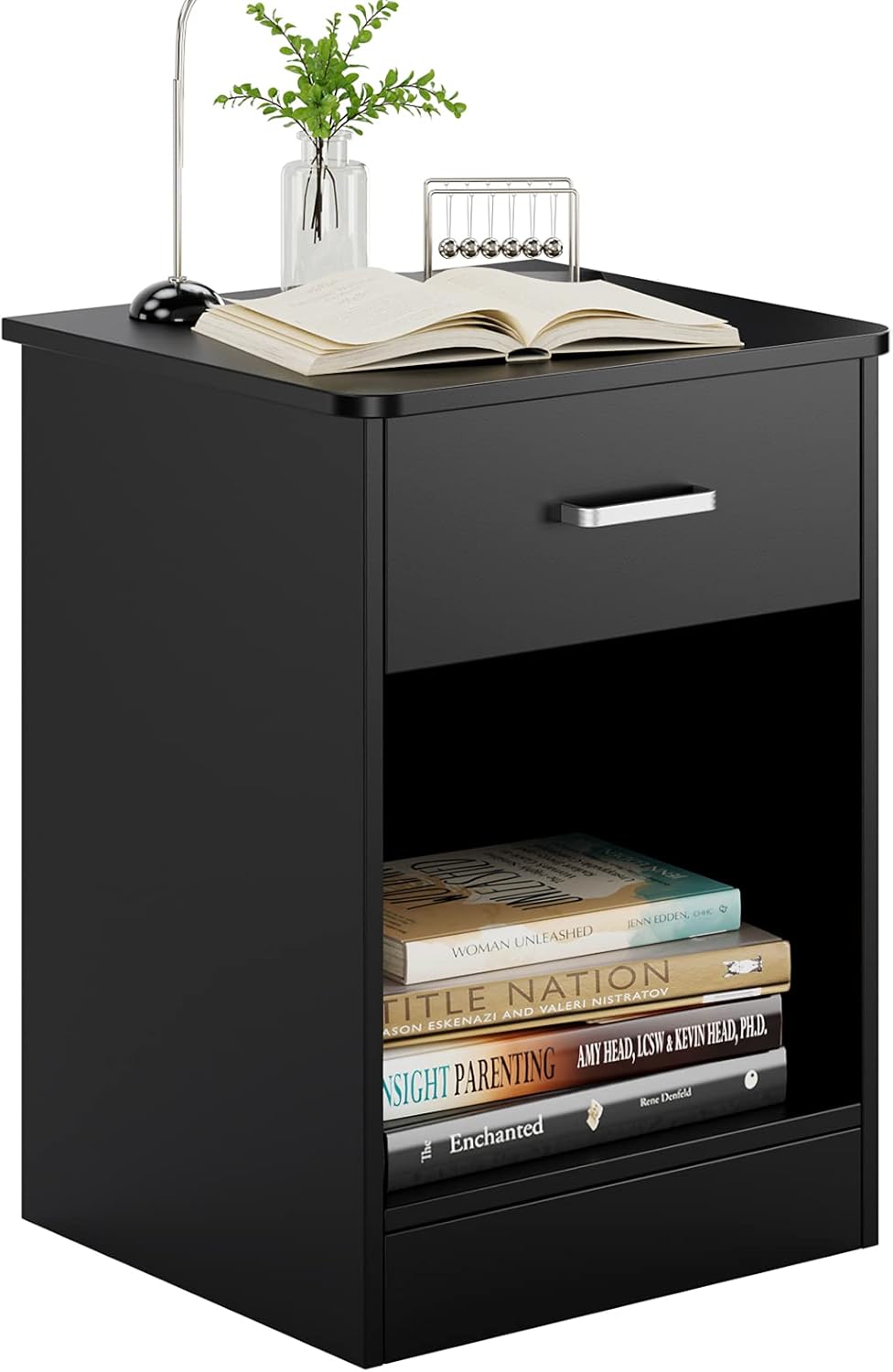 Black 2 Tier Nightstand with Drawer and Storage Cabinet A2959