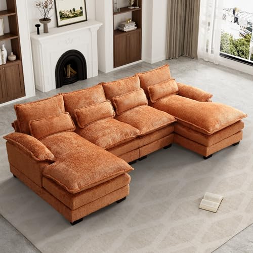 U Shape Sectional Sofa, 110" Upholstery Modular Sofa, 4 Seat Chenille Sleeper Sofa with Double Chaise, Orange Q6210