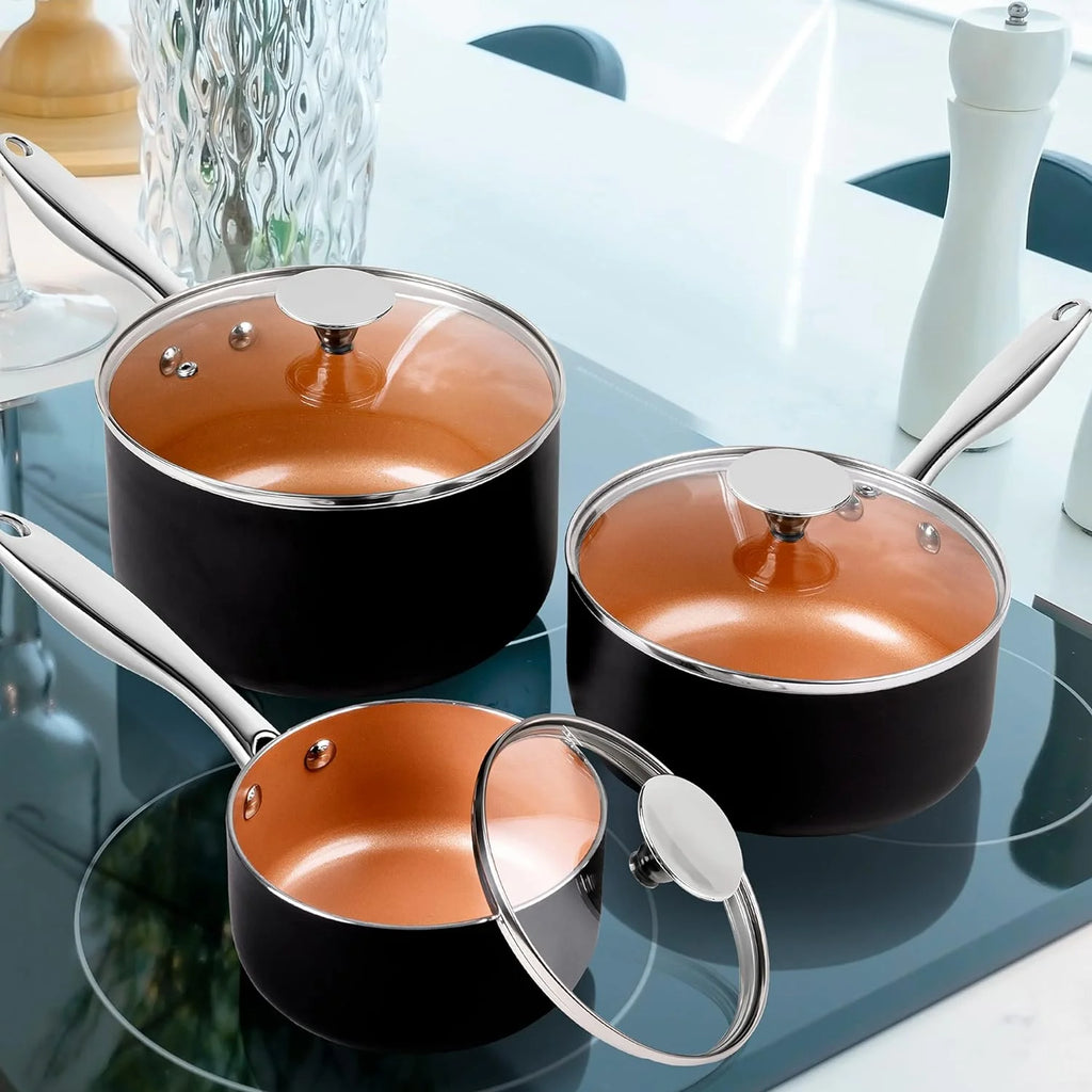 3 Piece Copper Ceramic Nonstick Saucepan Set with Lid L307