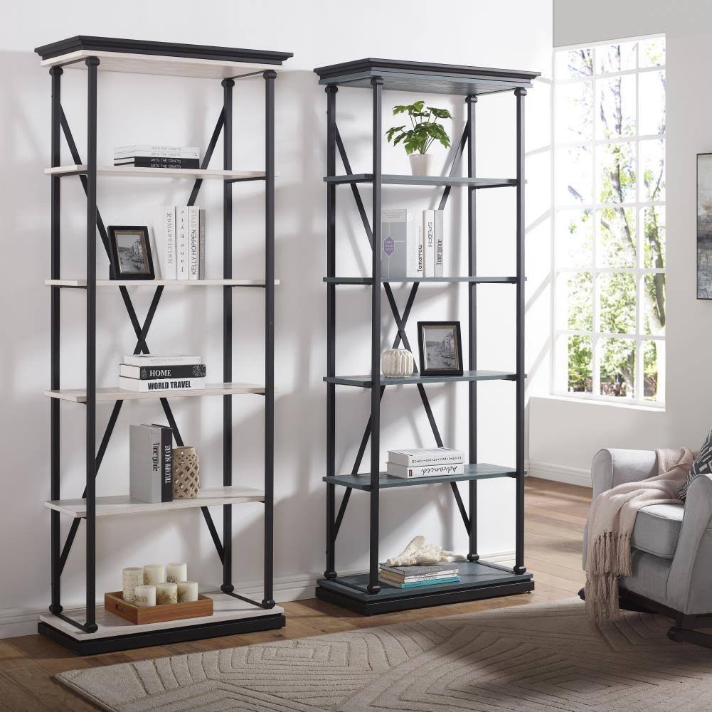 Antique Blue and Black Metal 5-Shelf Bookcase E544