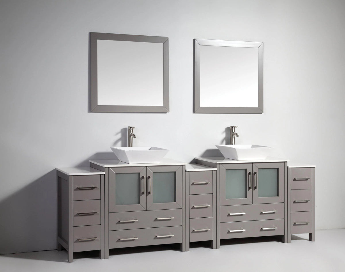 96 in. Grey Double Sink Vanity Cabinet with Ceramic Vessel Sink & Mirror B619