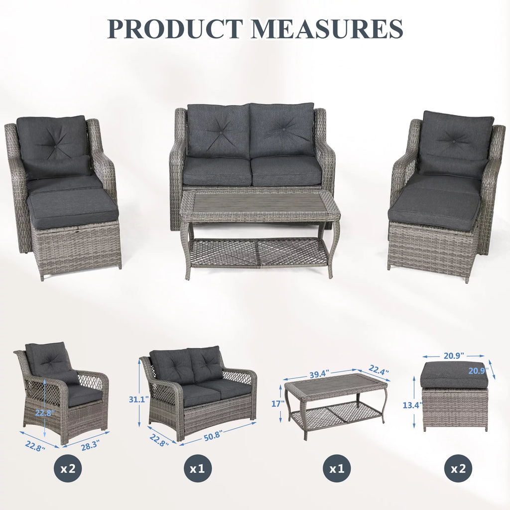 6 Piece Grey Rattan Patio Furniture Set with Ottoman N109