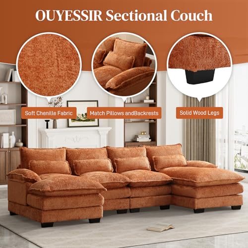 U Shape Sectional Sofa, 110" Upholstery Modular Sofa, 4 Seat Chenille Sleeper Sofa with Double Chaise, Orange Q6210