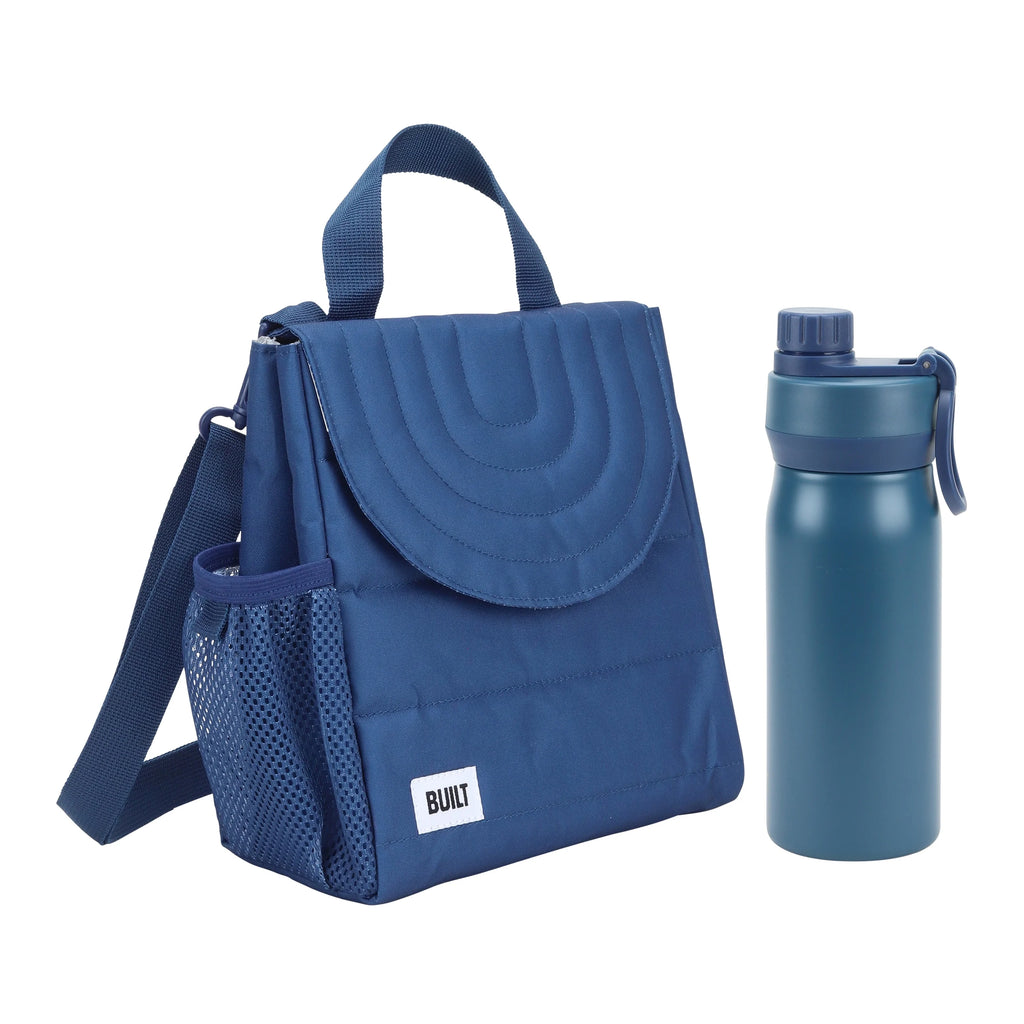 Blue Reusable Lunch Bag and 16 fl oz Stainless Steel Water Bottle Bundle T58733