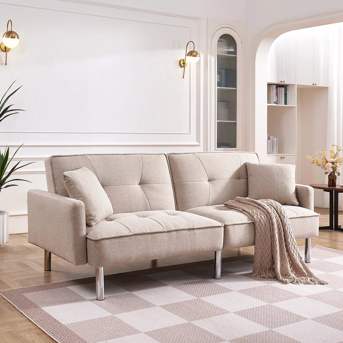 Beige Velvet Tufted Convertible Sofa Sleeper U427