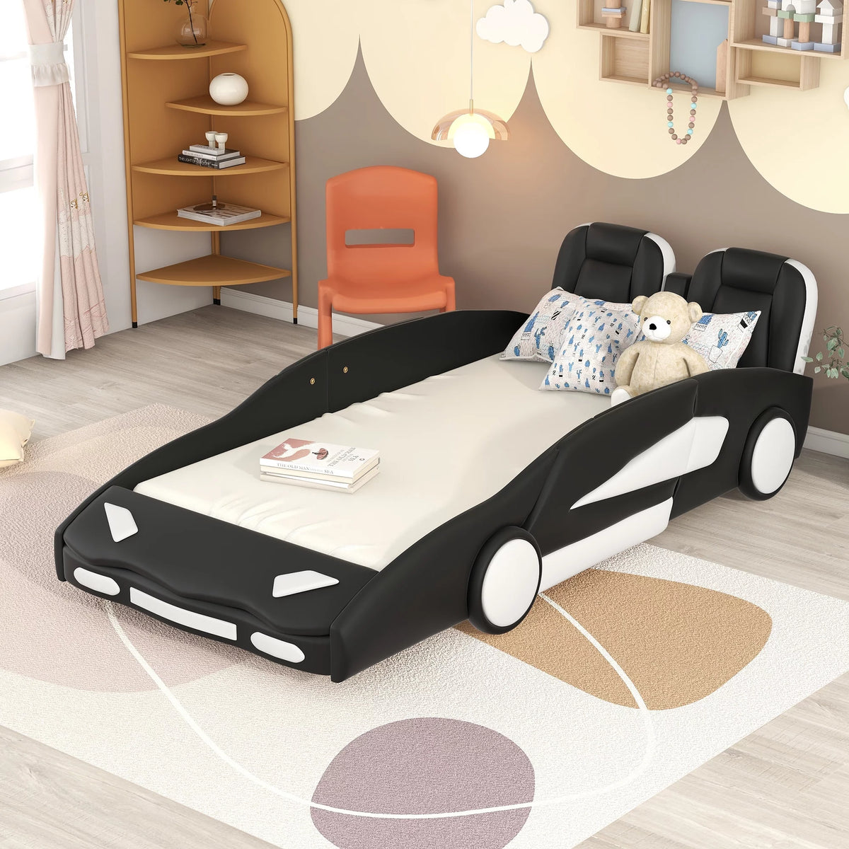 Twin Size Race Car-Shaped Platform Bed with Wheels D835