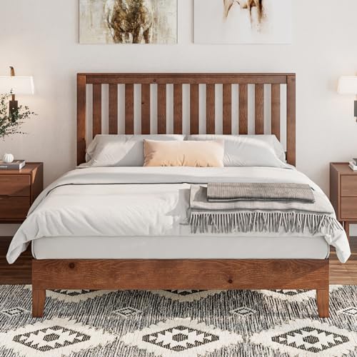 Walnut Full Size Solid Wood Platform Bed with Headboard E480557