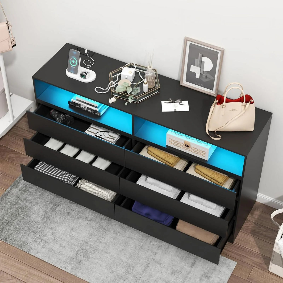 White 6 Drawer Double Dresser with Power Outlet and LED Light F244