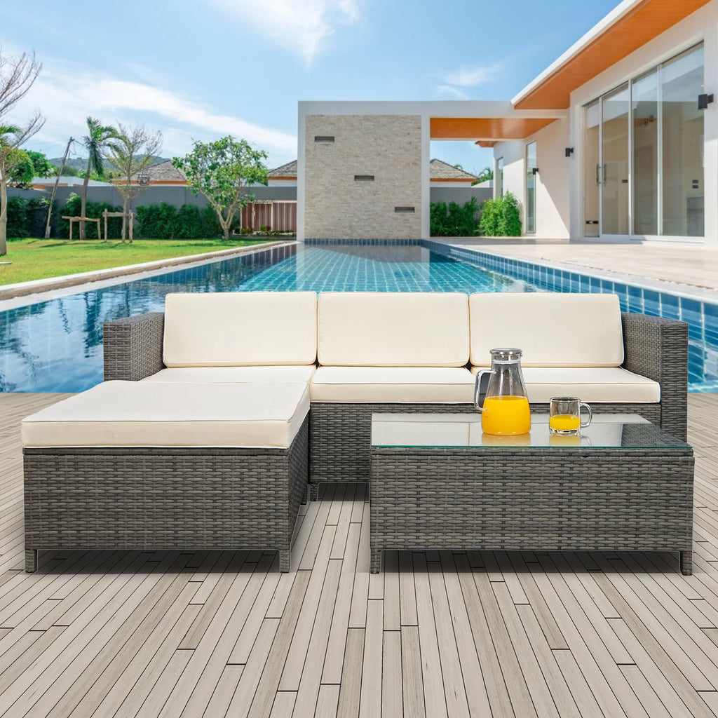 5 Piece Grey PE Rattan Wicker Patio Sofa Set with Glass Coffee Table D18488