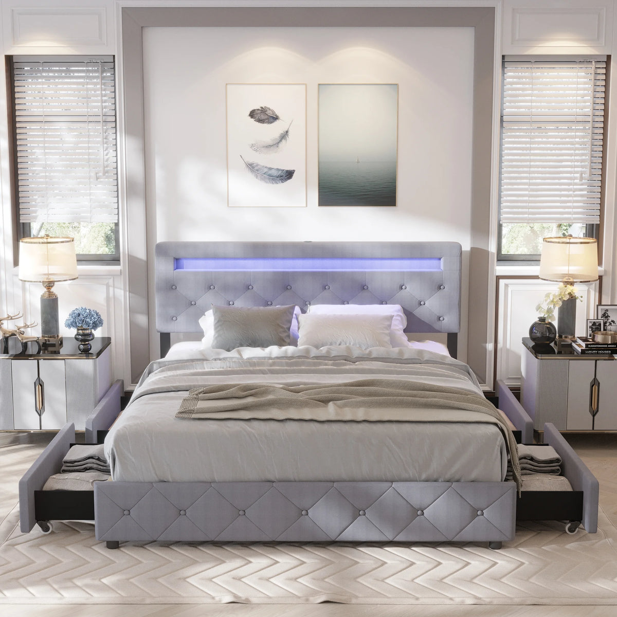 Full Size Upholstered Platform Bed Frame with LED Light Headboard L73725