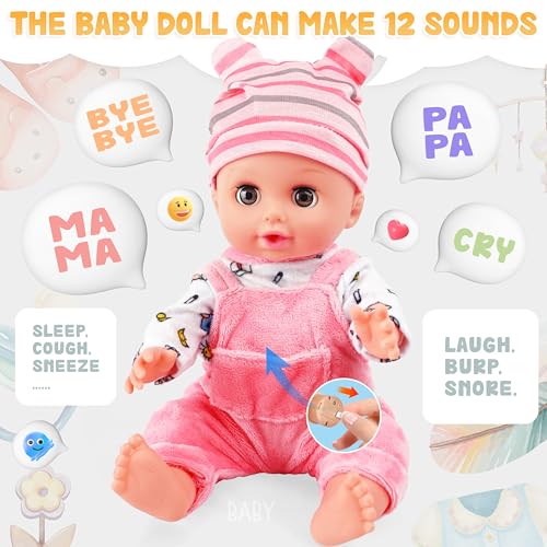 14 Inch Doll Playset with Carrier Bassinet Bed, Feeding Set, Doll Clothes C602716