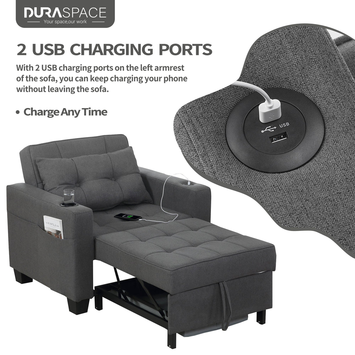 Dark Gray Linen Futon Chair Bed W45152