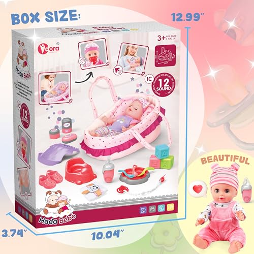 14 Inch Doll Playset with Carrier Bassinet Bed, Feeding Set, Doll Clothes C602716