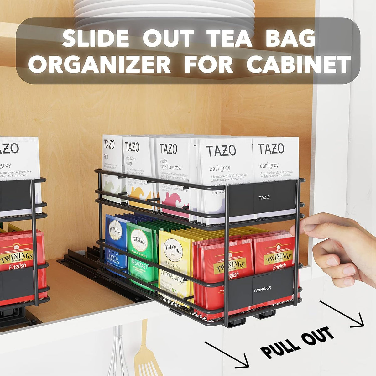 Black 1 Drawer 2-Tier Pull Out Tea Bag Organizer Rack with 70 Labels and Chalk Marker Z14681