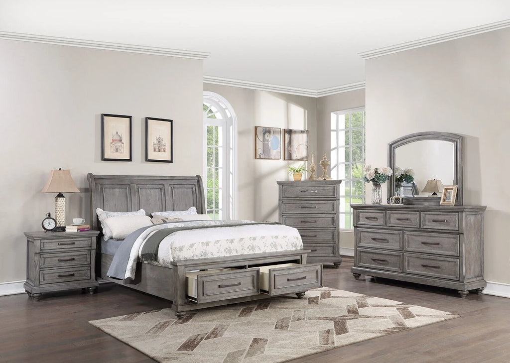 Grey 4pc King Size Bedroom Furniture Set with Dresser Mirror Nightstand D97999