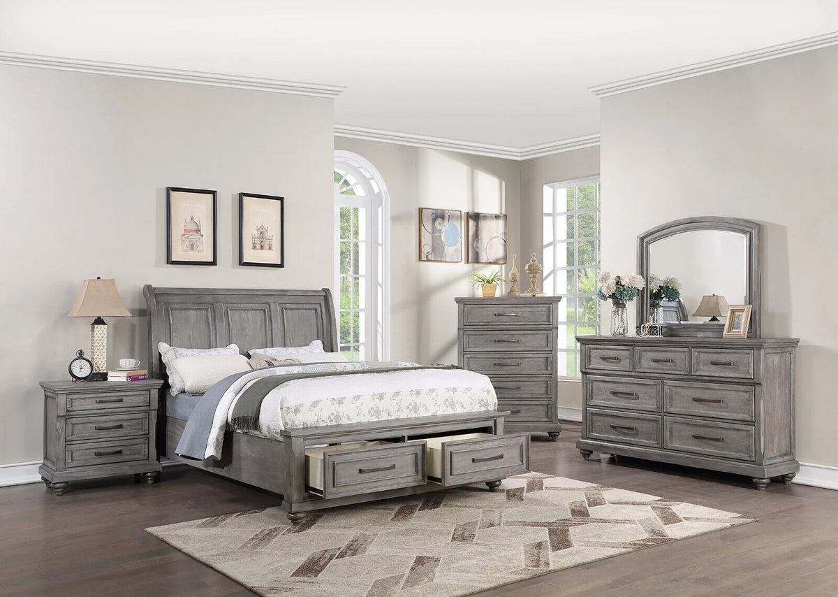 Grey 4pc King Size Bedroom Furniture Set with Dresser Mirror Nightstand I7031