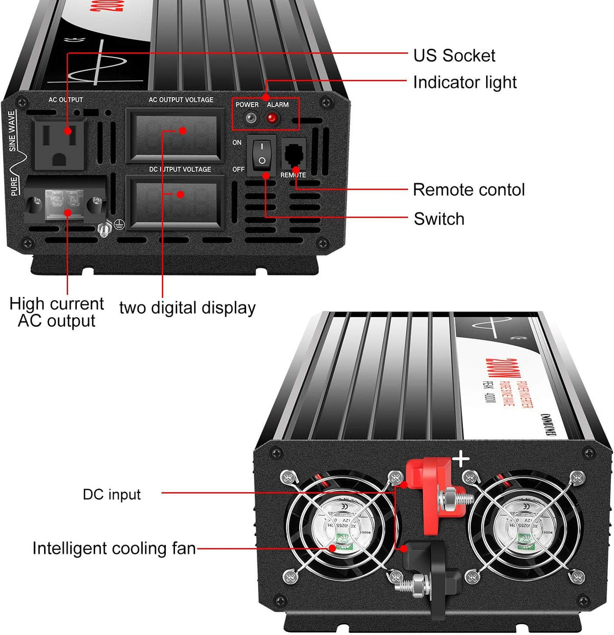 3000W 3200W Peak Power 6400W Pure Sine Wave Power Inverter DC 12V to 110V AC Converter 60HZ Solar Converter W204121