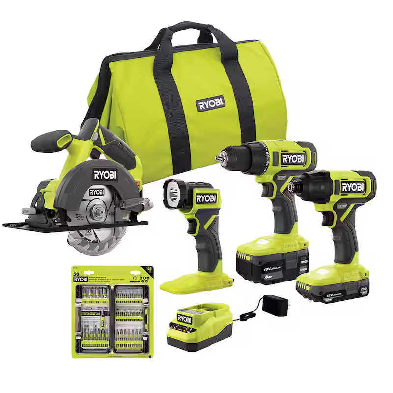 18V Cordless 4-Tool Combo Kit with Batteries, Charger, and 50-Piece Driving Kit E191