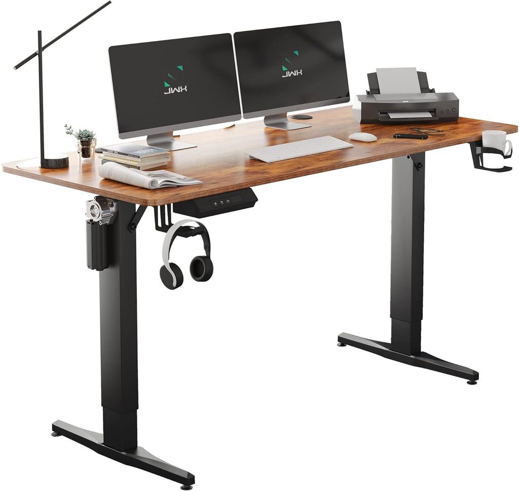 55 inch Adjustable Height Electric Standing Desk with Cup Holder, Headphone Hook, Cable Manager, Mouse pad, Walnut Wood V25906
