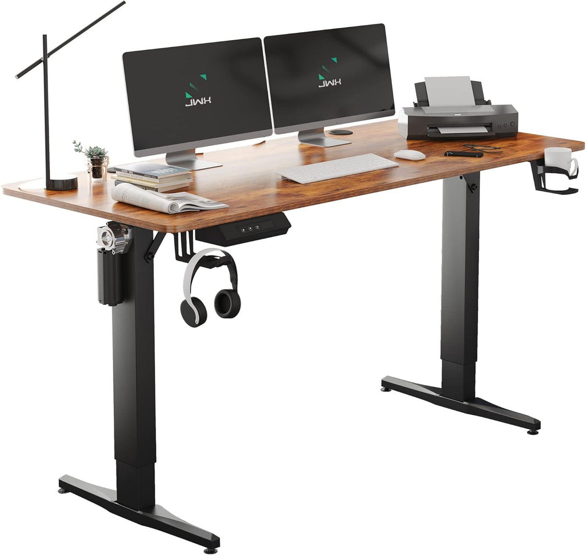 55 inch Adjustable Height Electric Standing Desk with Cup Holder, Headphone Hook, Cable Manager, Mouse pad, Walnut Wood V25906