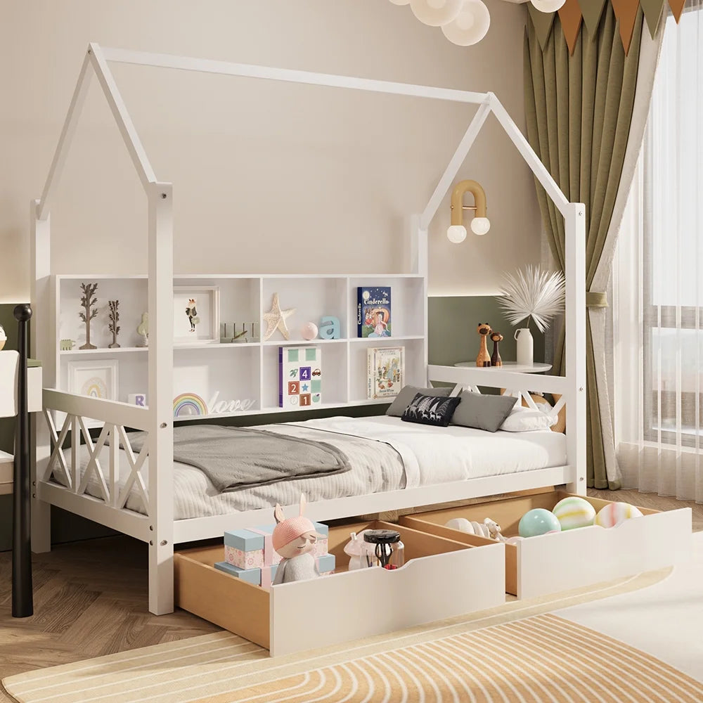 Twin House Bed with Trundle and Storage Shelve I340