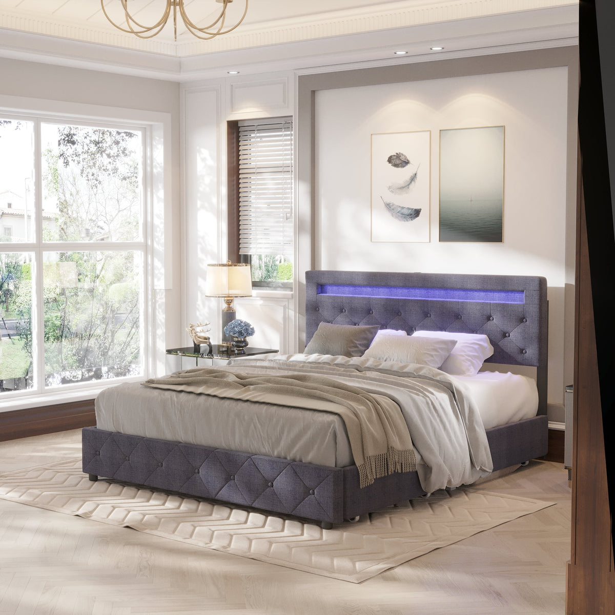 Full Size Upholstered Platform Bed Frame with LED Light Headboard L73725