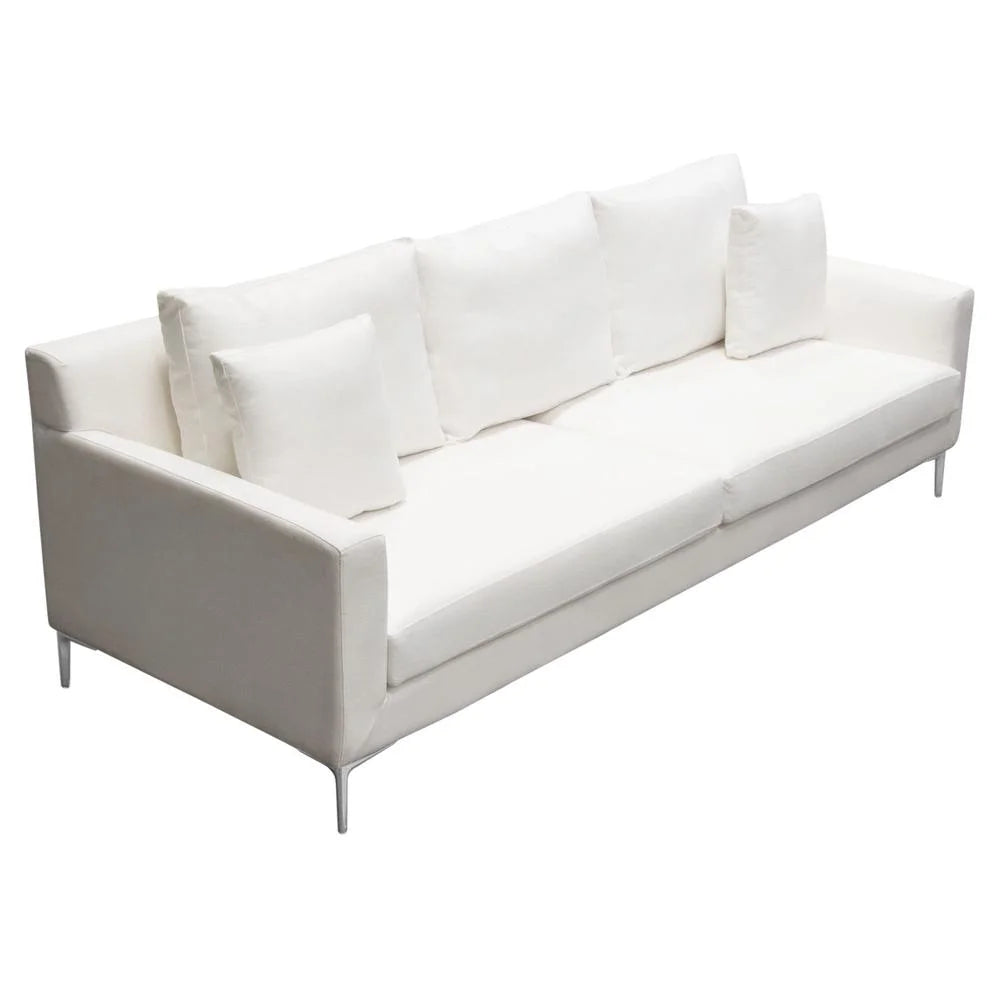 White Linen Sofa with Polished Silver Metal Leg C40230