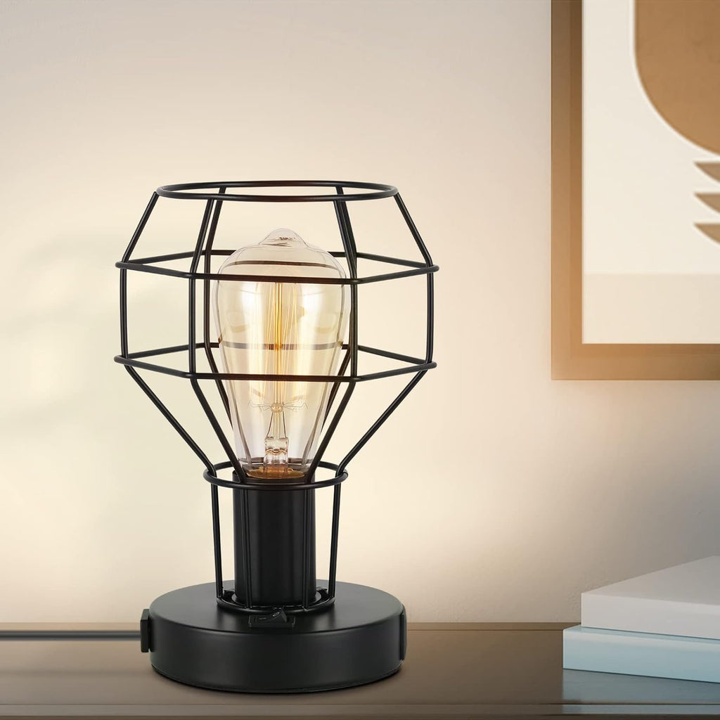 Black Industrial Table Lamp with USB Ports and AC Outlet J589