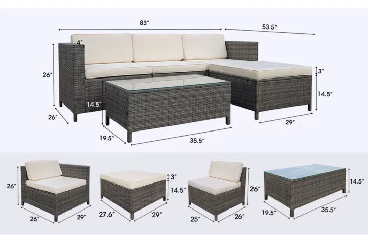 5 Piece Grey PE Rattan Wicker Patio Sofa Set with Glass Coffee Table D18488
