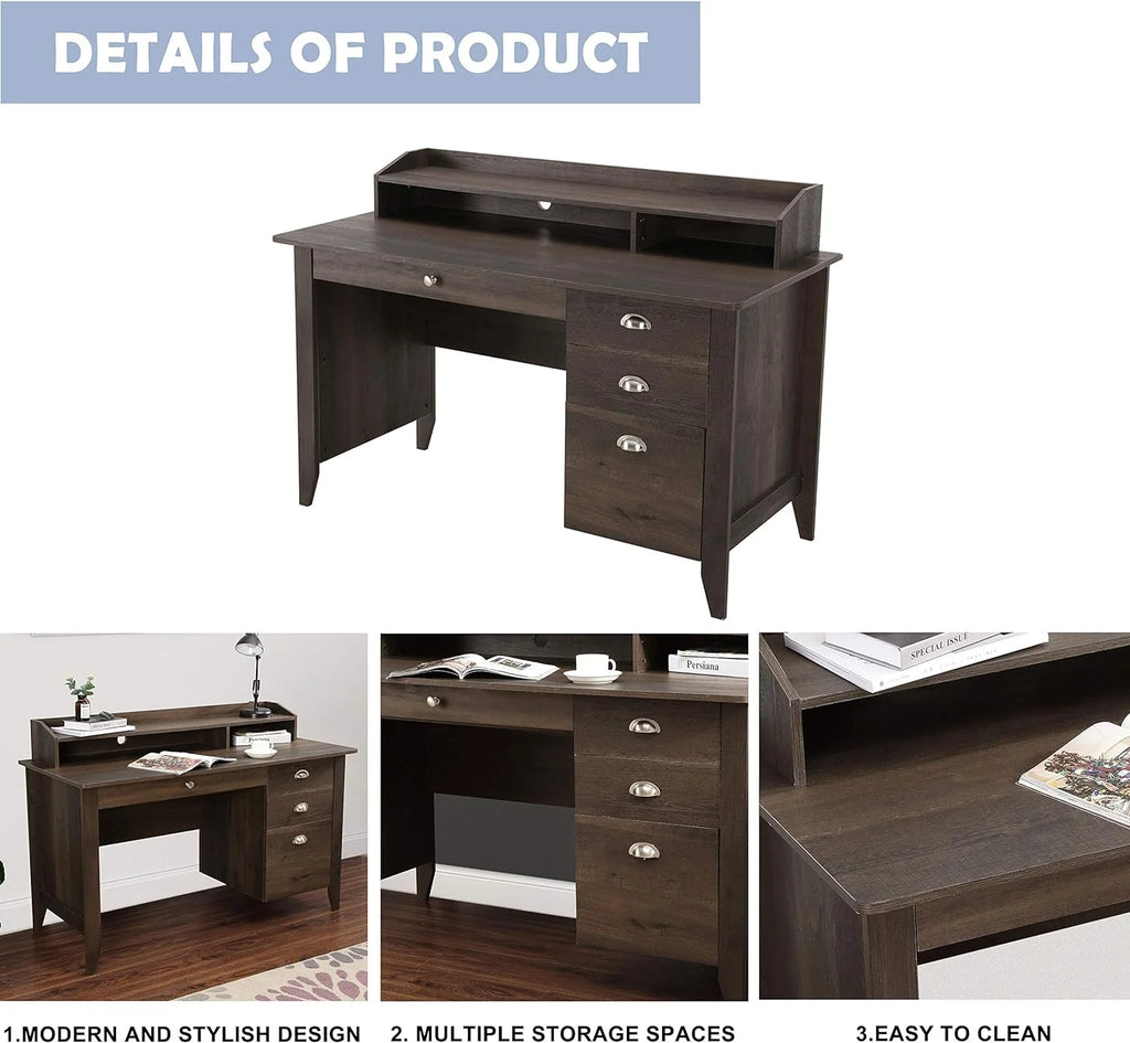 Dark Brown Wood Writing Desk with Hutch L883