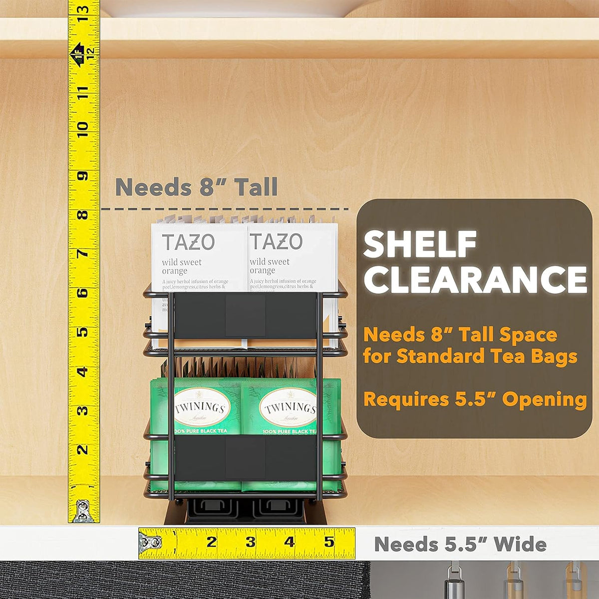Black 1 Drawer 2-Tier Pull Out Tea Bag Organizer Rack with 70 Labels and Chalk Marker Z14681