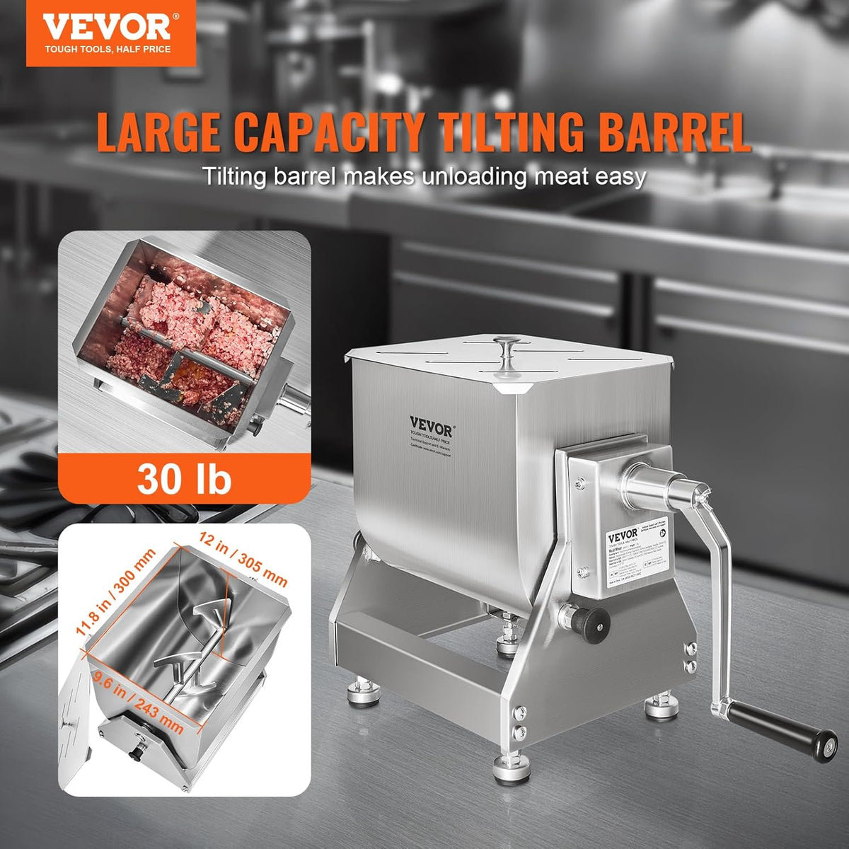 30 Pound Capacity Stainless Steel Manual Meat Mixer with Lid and Handle X55000
