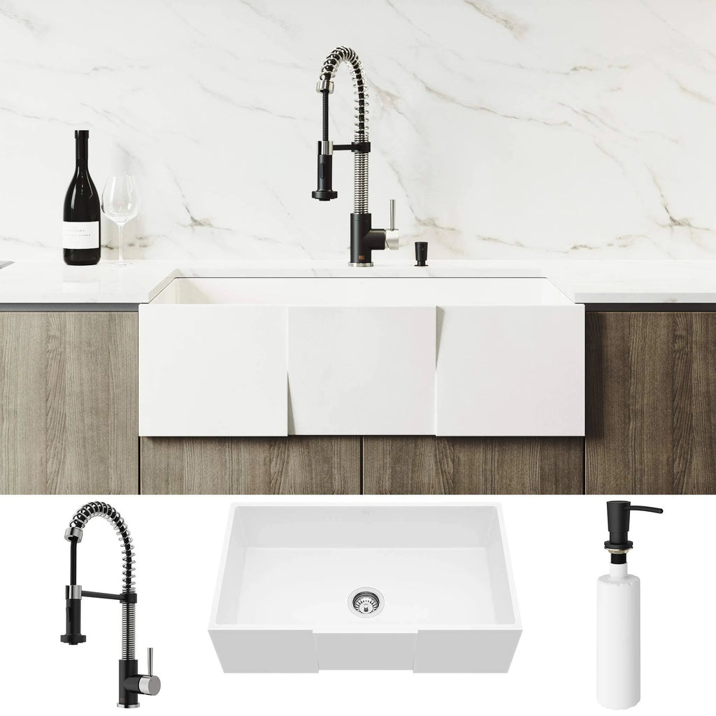 33 inch Matte Stone Farmhouse Apron Kitchen Sink Set with Stainless Steel Faucet S554304