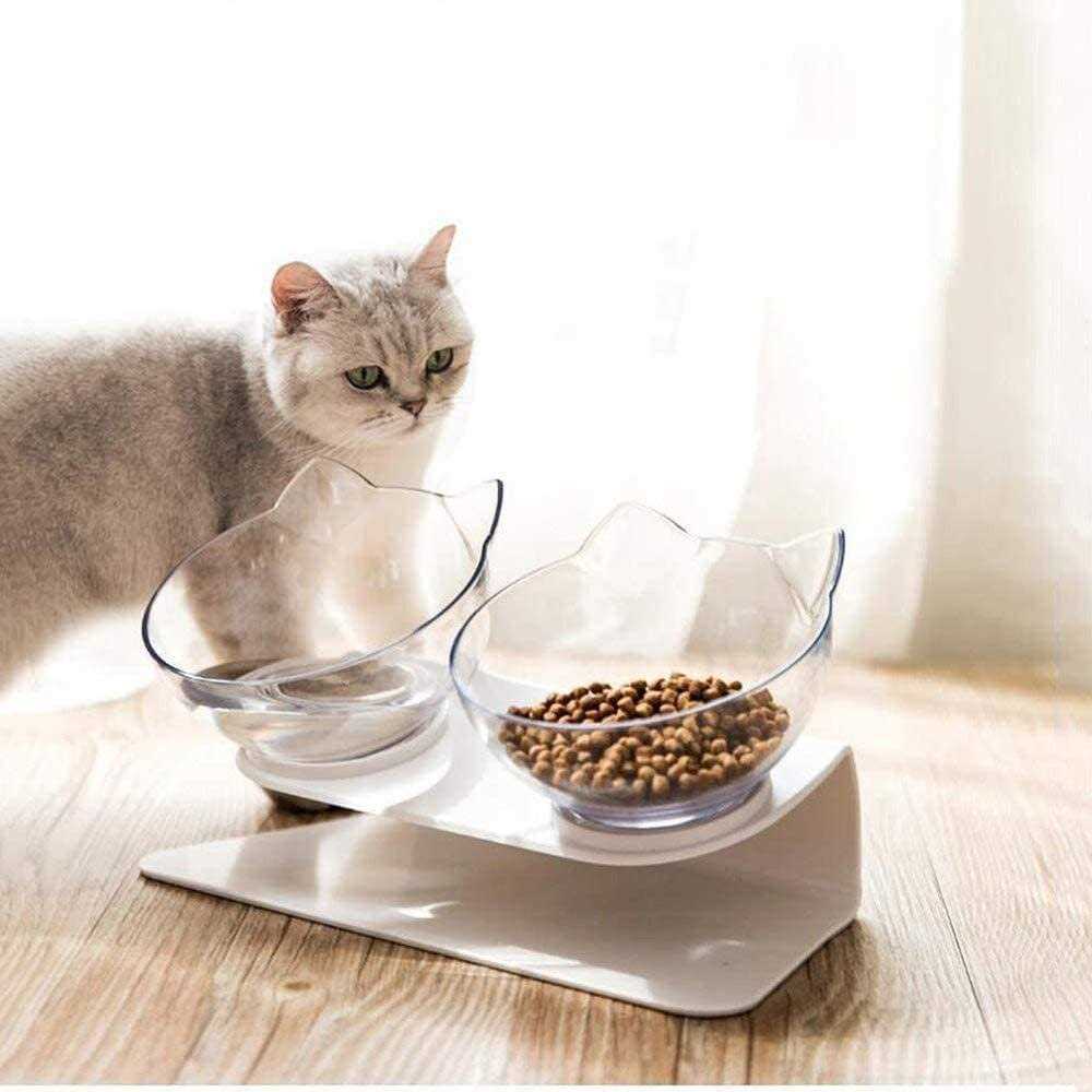 Raised Cat Bowl with Stand 15 Tilted Cat Bowls Elevated Cat Bowl Double Cat Bowls Plastic Transparent Cat Feeding Bowl U572