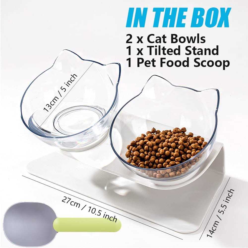 Raised Cat Bowl with Stand 15 Tilted Cat Bowls Elevated Cat Bowl Double Cat Bowls Plastic Transparent Cat Feeding Bowl S8463